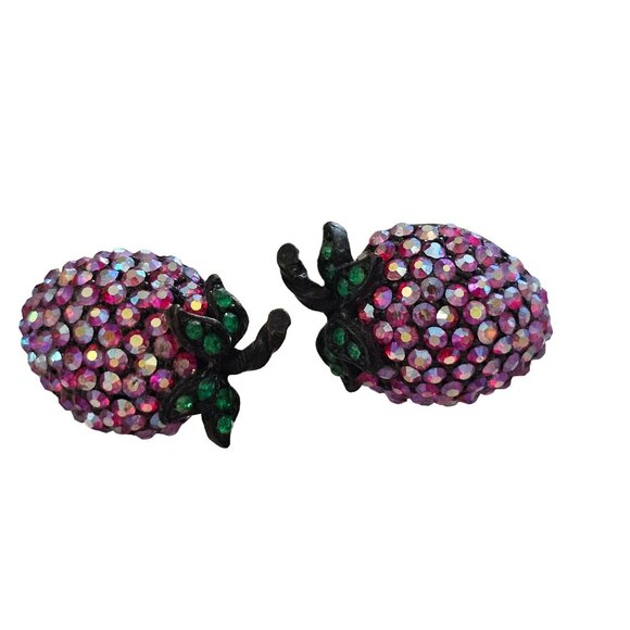 Albert Weiss Jewelry - Vintage Signed Weiss Clip-On Strawberry Earrings With AB Rhinestones